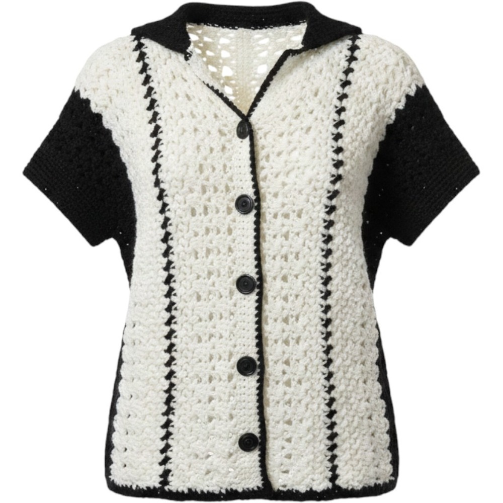 Handmade Crochet Short Sleeve Cardigan Cream Black Striped Button Front Collared